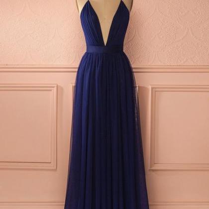 Simple Sexy A-line Deep V-neck Navy Blue Long Prom..