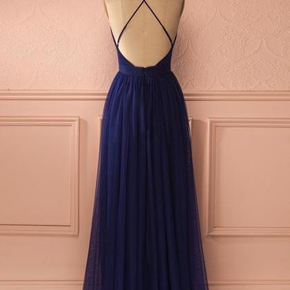 Simple Sexy A-line Deep V-neck Navy Blue Long Prom..