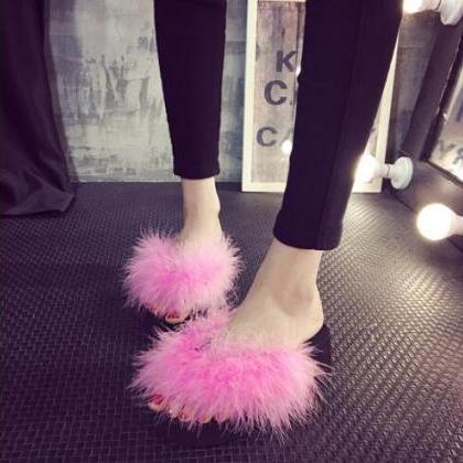 Direct Real Ostrich Hair Slippers Female 2017..