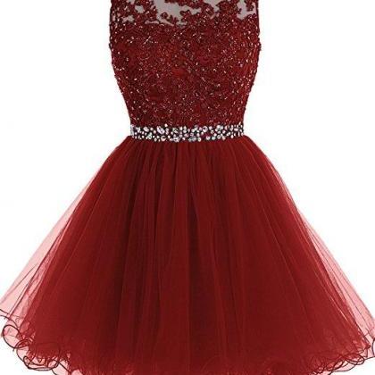 Tideclothes Short Beaded Prom Dress Tulle Applique..