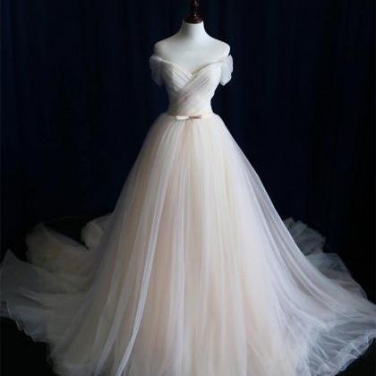 Light Champagne Tulle Long Prom Dress, Wedding..