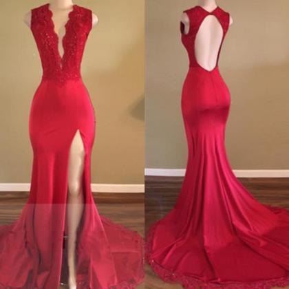 Appliques Red Satin Prom Dresses 2017 Sexy Party..