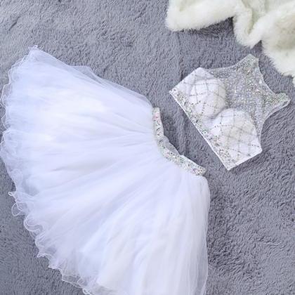 Cute Two Piece Jewel Sleeveless White Tulle Short..