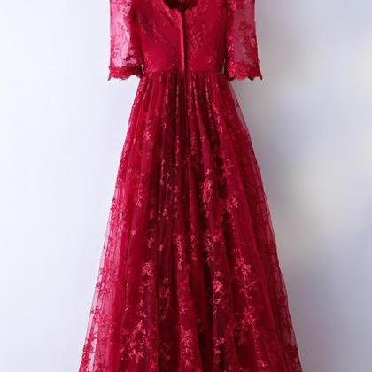 Pretty Burgundy Lace Long Prom Dress, Burgundy..