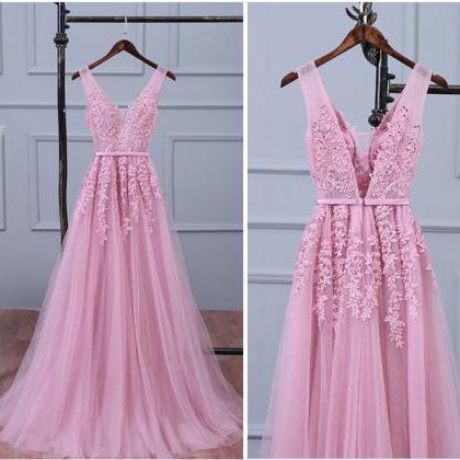 Lace Appliqued Tulle Long Prom Dresses,sexy V Neck..