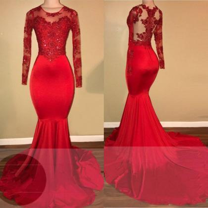 Red Lace Mermaid Prom Dress, Long Sleeve Evening..