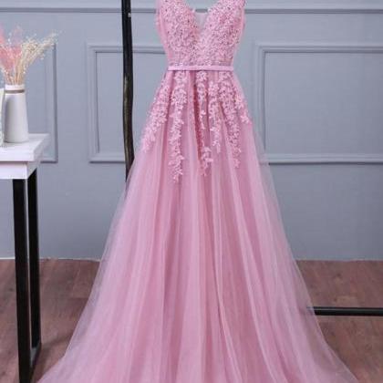 Baby Pink V-neck Tulle Prom Dresses With Appliques..