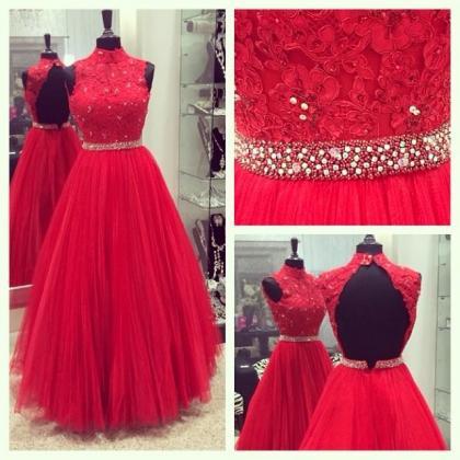 Red High Neck Lace Beading Prom Dress, Tulle Prom..
