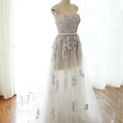 Stylish A Line Strapless Lace Up Long Grey Tulle..