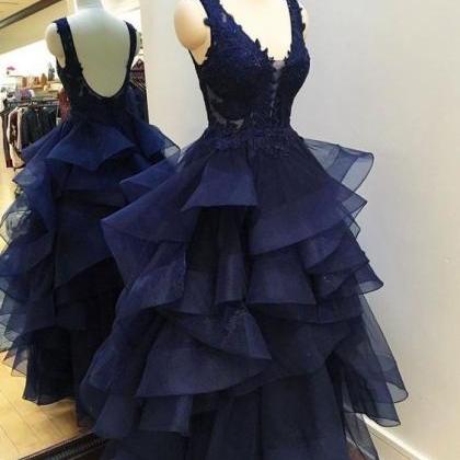 Lace Appliqued See Through Navy Prom Dresses,long..