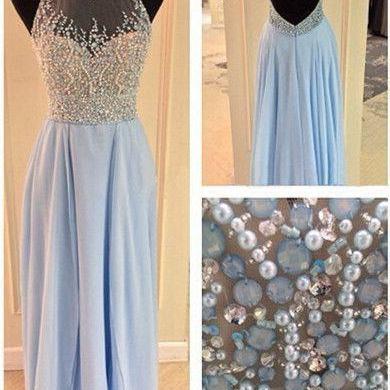 Luxurious Crystal Halter Prom Dresses Long Satin..
