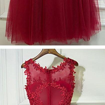 Red Formal Sleeves Tulle Applique Long Prom..