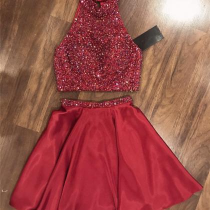Two Piece Prom Dress, Crystal Beaded Prom Party..