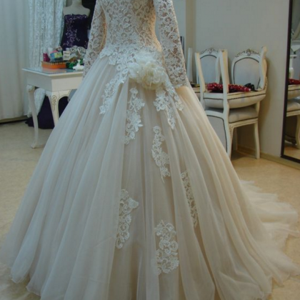 Long Sleeve Appliques Lace Tulle Ball Gown Wedding..