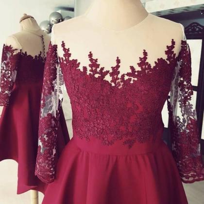 Burgundy High Low ,applique Sleeves ,lace..