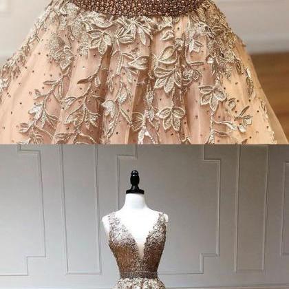 Gold V Neck Tulle Lace Long Prom Dress, Evening..