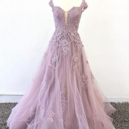 Tulle Lace Long Prom Dress, Pink Tulle Lace..
