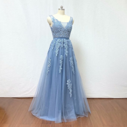 Prom Dress Light Blue Lace Applique Formal Dresses..