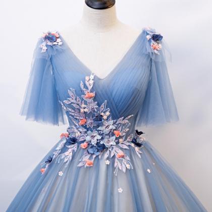 Blue Tulle V Neck Long A Line Formal Dress,..