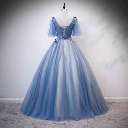 Blue Tulle V Neck Long A Line Formal Dress,..