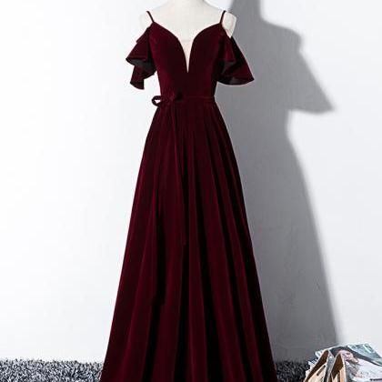 Burgundy Velvet V Neck Long Lace Up Evening Dress,..