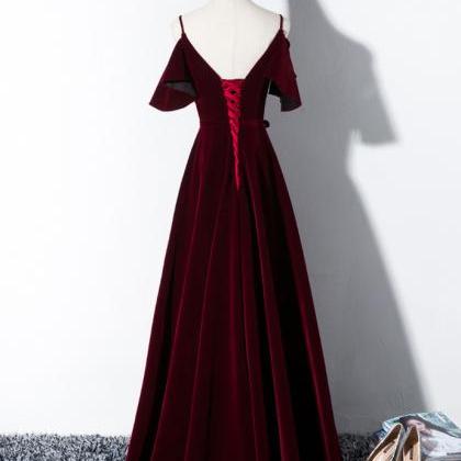 Burgundy Velvet V Neck Long Lace Up Evening Dress,..