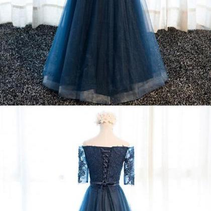 Navy blue lace long prom dress, lac..
