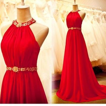 Beautiful Halter Red Long Chiffon Prom Dress With..