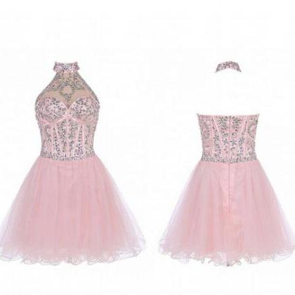 Pink Halter A-line Short Homecoming Dress