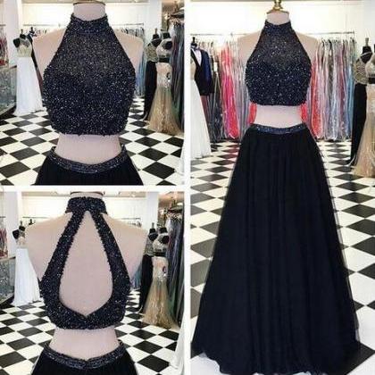 2016 Design Long Two Pieces Black Halter Prom..