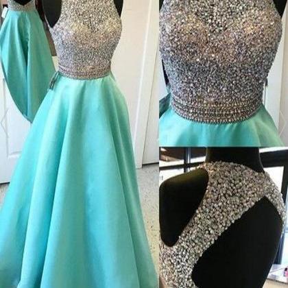 A-line Teal Prom Dressesmbeading Open Back Satin..