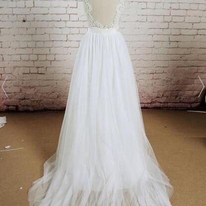 White Ivory Chiffon Wedding Dress, Backless..