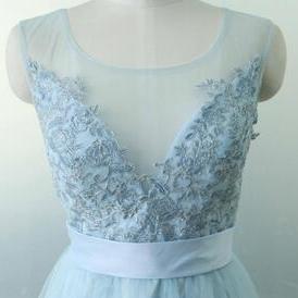 Sleeveless Tulle Party Dress Light Blue Lace..