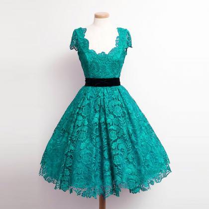 Charming Teal Lace Cap Sleeve Prom Party Dresses..