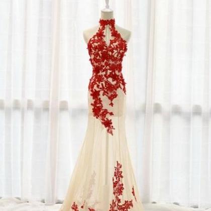 Charming Red Lace And Champagne Tulle Prom..
