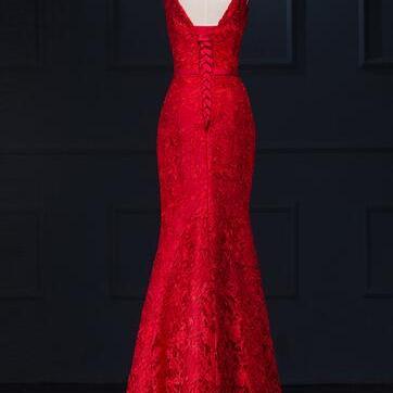 Scoop Neckline Long Red Lace Prom Dresses,sheath..