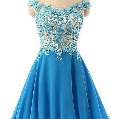 Beautiful Blue Chiffon Short Handmade Prom Dress..