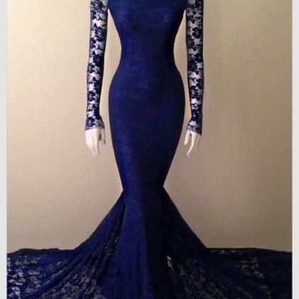 2016 Navy Blue Lace High Neck Mermaid Evening Gown..