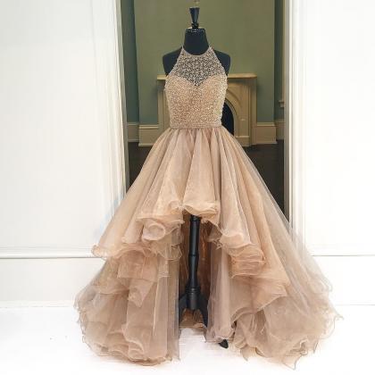 Prom Gown,champagne High Low Tulle Prom Dress..
