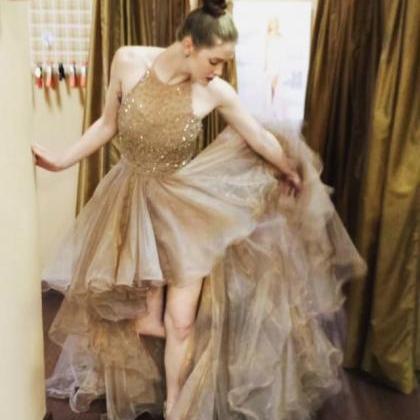 Prom Gown,champagne High Low Tulle Prom Dress..