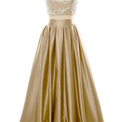 High Neck Prom Dress, Beaded Gold Color Prom..