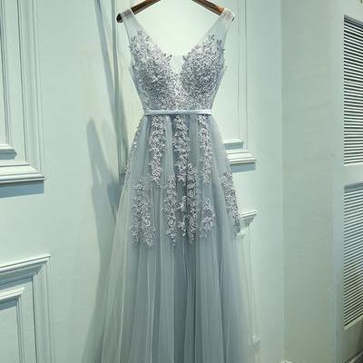 V Neckline Grey Lace Evening Prom Dresses, Prom..