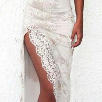 dress lace dress white dress white long dress slit dress spaghetti strap sexy prom dress