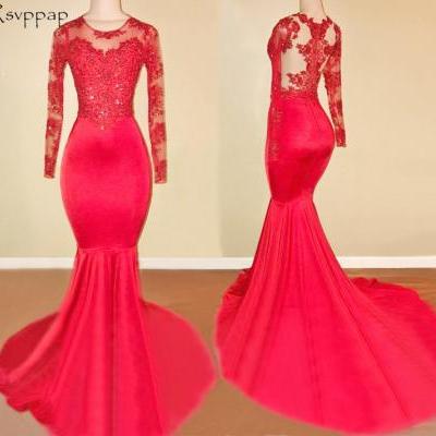 Long Red Prom Dresses 2018 Sheer Long Sleeve Top Lace Floor Length African Mermaid Prom Dress