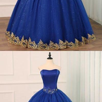 Prom Dress Ball Gown, Royal Blue Tulle Strapless Long Beaded Formal Prom Dress