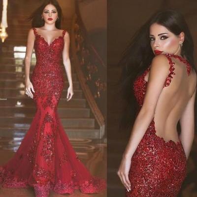  Mermaid Crytal Prom Dresses Sheer Illusion Back Court Train Evening Gowns