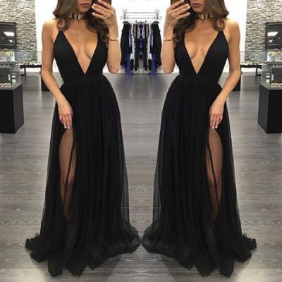 Black deep V-neck tulle long prom dresses,evening dress,formal dress