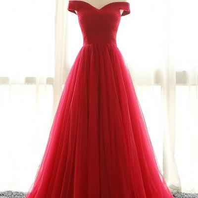 Woman Evening Dress, Long Formal Dresses, Cheap Prom Dress Full Length Off Shoulder Sleeves Red Bridesmaid Dresses, Tulle Prom Dress, Long Prom Dress