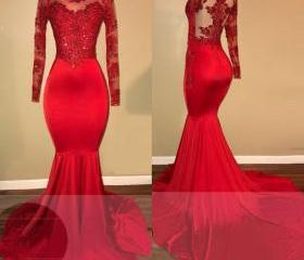 Red Lace Mermaid Prom Dress, Long Sleeve Evening Gowns on Luulla