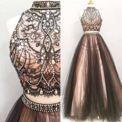 Two Pieces A Line Prom Dresses, Beaded Prom Dress, 2017 Tulle Prom Dress, Dresses For Prom, Long Prom Dres